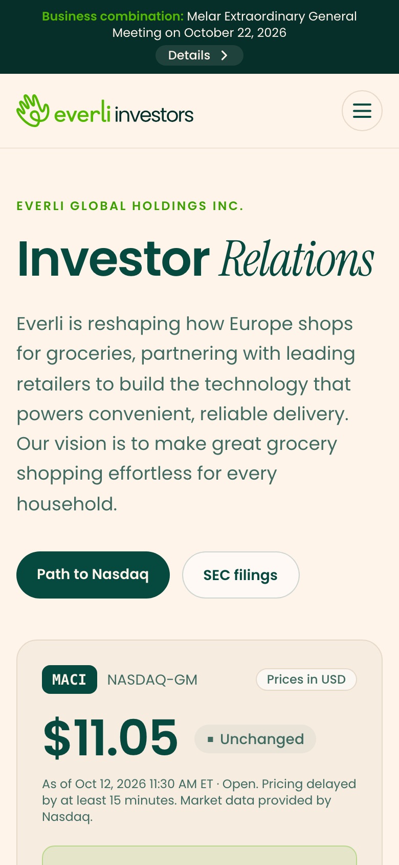 Everli investor relations website on a phone