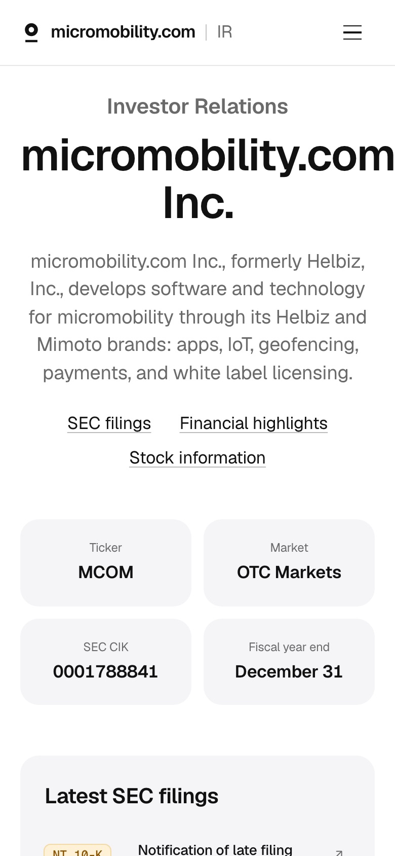 micromobility.com Inc. investor relations website on a phone